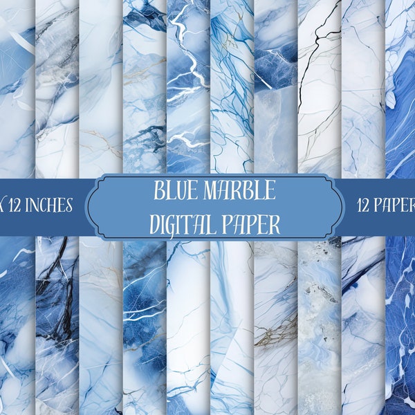 Blue Marble Digital Paper, Seamless marble textures in blue and white instant download