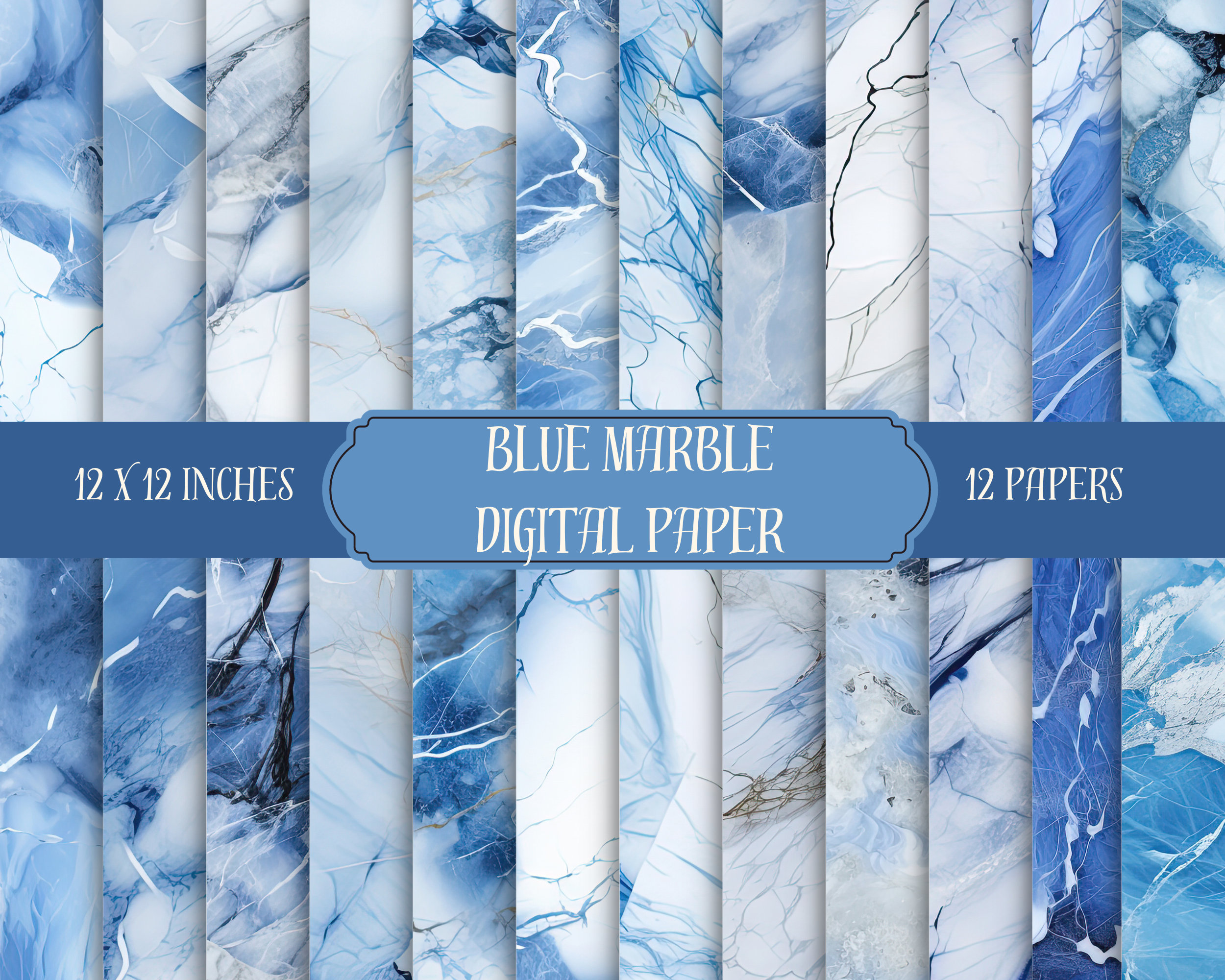 Blue Marble Digital Paper, Seamless marble textures in blue and white instant download