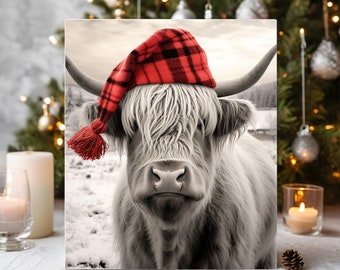 Highland Cow Black and White Photo, Highland Cow Christmas, Christmas decor