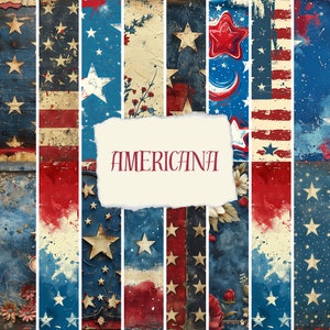 Patriotic Americana Digital Paper Pack - Red, White, and Blue Stars and Stripes, Digital Download