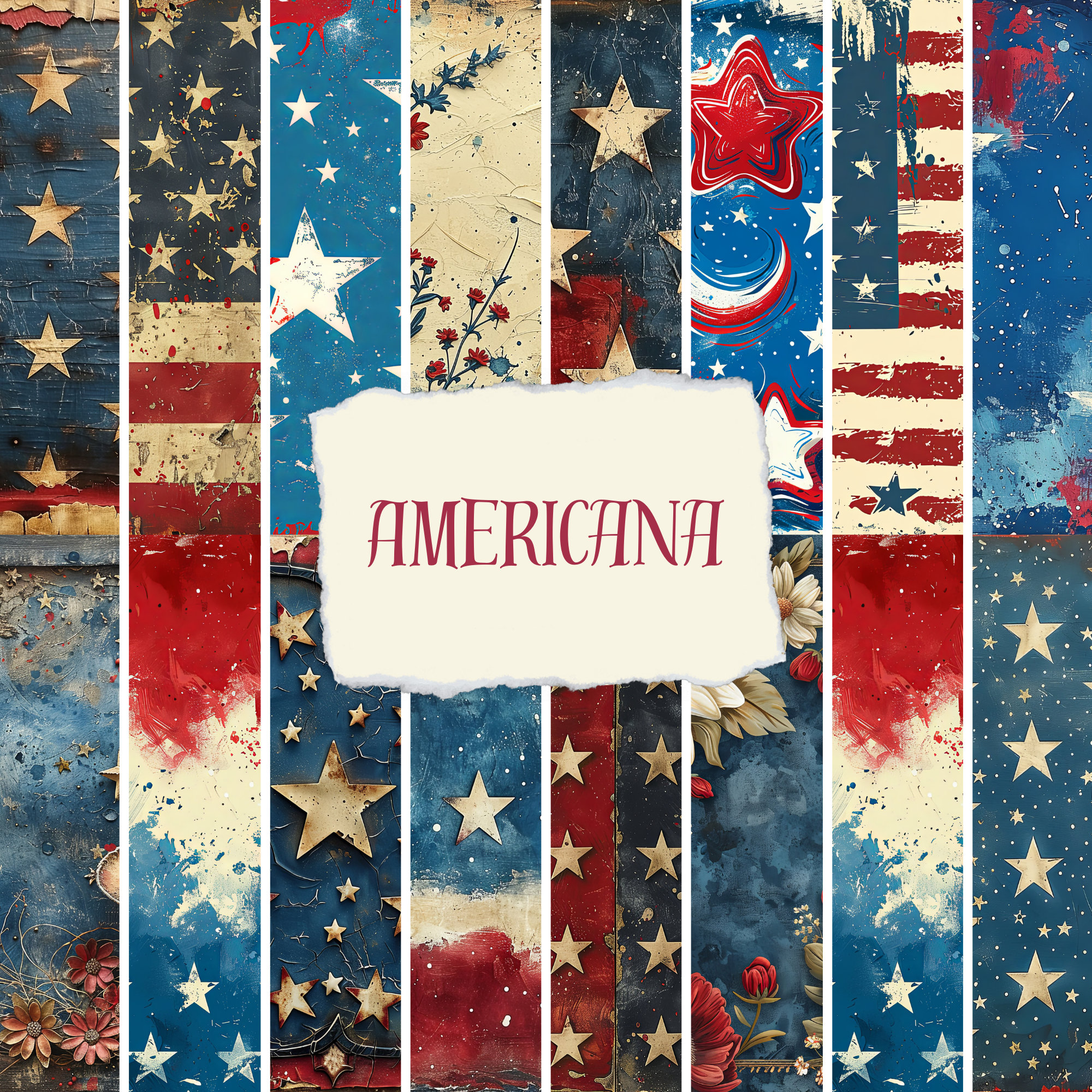 Patriotic Americana Digital Paper Pack - Red, White, and Blue Stars and Stripes, Digital Download