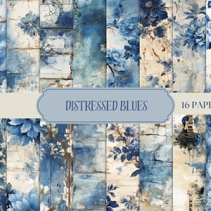Distressed Blues Digital Paper Set - druckbare Texturhintergründe für Vintage Scrapbooking