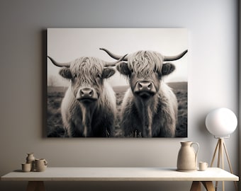 Highland Cow Print, Highland Cow Digital, Black and White Digital, Farm Print