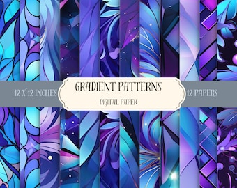 Gradient Patterns, Blue and Purple Seamless Patterns Digital Paper, Instant Downloads