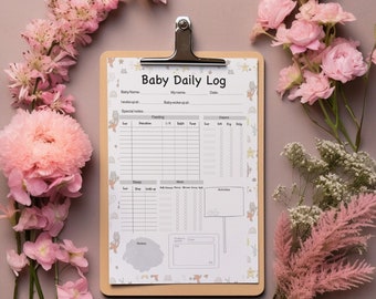 May include: A printable baby daily log with a light gray background and a light brown wooden clipboard frame. The log has sections for baby's name, date, wake up time, feeding, sleep, meds, diapers, and activities. The log is decorated with cute animal illustrations.