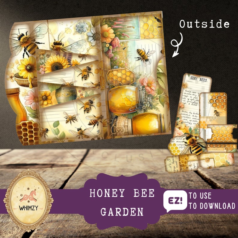 Printable PDF,

Printable JPEG,

DIY paper craft printable,

Digital collage sheet,

Scrapbook paper,

Junk journal ephemera,

Digital download,

Printable folio template,

Pocket insert design,

Folder kit printable,

Ephemera pack,

Background paper designs,

Vintage bee illustrations,