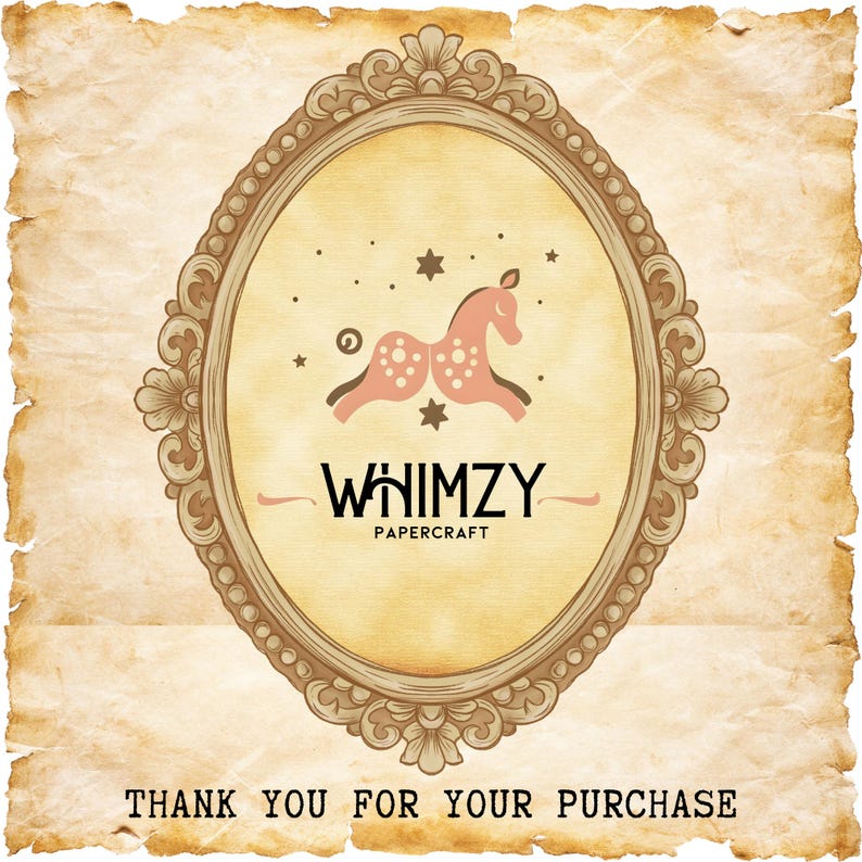 May include: A whimsical papercraft logo featuring a pink and white stylized giraffe in an ornate oval frame with stars and the text "Whimsy Papercraft". The background is a textured, aged parchment.