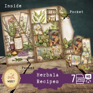 Herbal Remedies, journal à trois volets pour ordures ménagères, recette naturelle, mini-folio pour jardin, folio numérique, folio pliant, botanique naturel, pochette de rangement