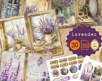 Lavender Junk Journal Kit, Printable Purple Flower Shabby Chic Ephemera