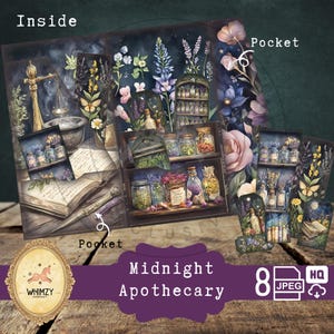 Mini folio apothicaire à trois volets journal botanique de minuit à faire soi-même mini-journal indésirable pliable numérique kit pochette à insérer éphémères