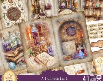 Alchemist Junk Journal Kit, Wizard Printable Ephemera, Medieval Magic Collage