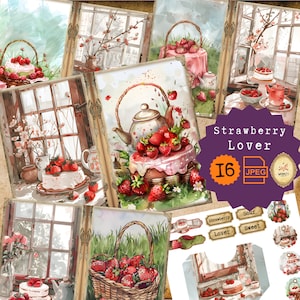 Kit de diario basura para amantes de las fresas, paquete de efímeras, vintage, fresas, rojo, libro de recetas, estilo shabby, jardín de frutas de verano, imprimible para la cocina