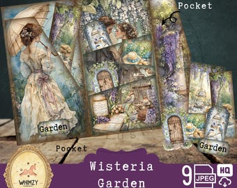 Botanical Trifold Folio Junkjournal Kit Wisteria Spring Mini Folio Junk Journal Kit Garden Folding Folio Folder Kit Pocket Insert Ephemera