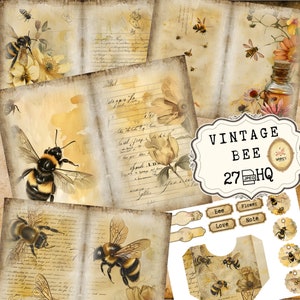 Bees Junk Journal Vintage Bee Junk Journal Kit Hoja de collage digital Vinrage Bee Journal Imprimible Reina Abeja Apicultor Papeles Colmenas