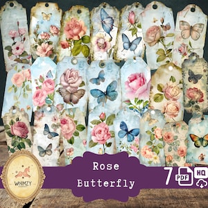 Schmetterling Ephemera Rose botanisches Etikett zum Ausdrucken Shabby Rose Ephemera Schmetterling Junk Journal Rose Tag Journal Geschenke Blossom Garden Natur