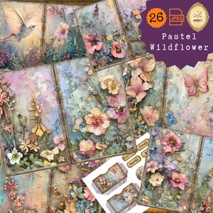 Wildblumen Aquarell Junk Journal Printable, Vintage botanische, florale Spitze Collage Sheet, Bauerngarten, beunruhigtes Papier, Scrapbook