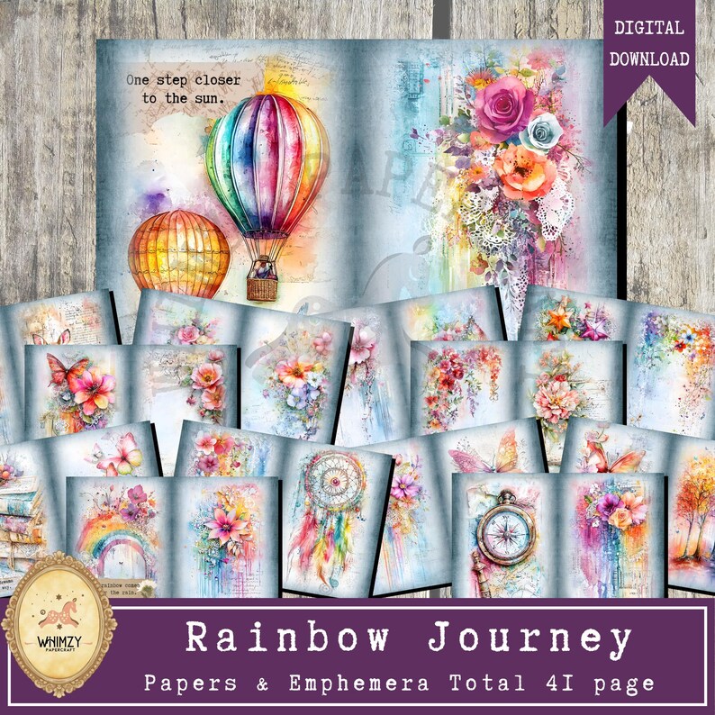Rainbow Journey Junk Journal Kit, Hot Air Balloon Printable Collage ...