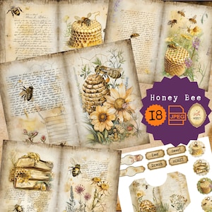 Vintage Honey Bee Junk Journal Kit: Digital Collage Sheets (JPEG Download)