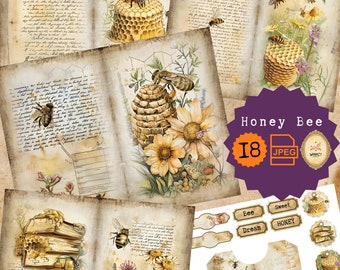 May include: A digital collage of 18 vintage-style images featuring honey bees, honeycombs, and flowers. The images are in a distressed, aged style, with handwritten text and faded colours. The collage is perfect for scrapbooking, card making, or other crafting projects.