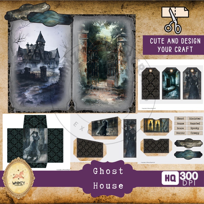 Pu&ograve; includere: Kit di carta da scrapbooking digitale stampabile con una casa infestata da fantasmi inquietante con un cancello, un paio di fantasmi e una sovrapposizione di testo che dice "Ghost House". Il kit include diverse forme e dimensioni delle immagini per progetti di artigianato.