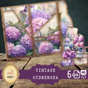 Hydrangea Trifold Folio Junkjournal Kit Vintage DIY Mini Folio Junk Journal Kit Digitale Falt-Folio-Ordner Kit Tascheneinsatz Ephemera