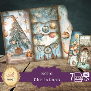 Mini folio de Noël bohème à trois volets, kit de mini-journal indésirable de Noël bricolage, kit de pochette folio pliante numérique à pochettes éphémères