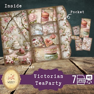 Teeparty Trifold Folio Junkjournal Kit Vintage DIY Mini Folio Junk Journal Kit Digitaler faltbarer Folio Ordner Kit Tascheneinsatz Ephemera Pack