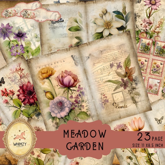 Meadow Garden Junk Journal Kit, Botanical Wildflower Printable, Floral Ephemera
