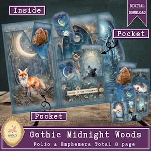 Diario basura tríptico Midnight Forest, minidiario basura de madera gótica, kit de carpeta folio plegable digital, inserto de bolsillo, material efímero