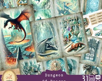 Dungeons & Dragons Junk Journal Kit, Fantasy Dragon Printable Ephemera