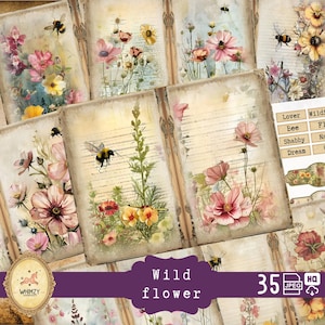 Wildblumen Junk Journal Kit, druckbare Frühling Wildblumen Garten Vintage Wildblumen Papiere Botanische Wildblume Frühlingsblumen Journal Begabte