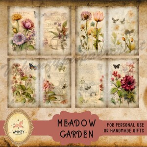 Puede incluir: Seis cuadrados de papel digital de estilo vintage con ilustraciones florales, mariposas y texto sobre un fondo beige. El texto incluye las palabras "Par&iacute;s" y "Compte". Los cuadrados est&aacute;n etiquetados como "Meadow Garden" y son para uso personal o regalos hechos a mano.