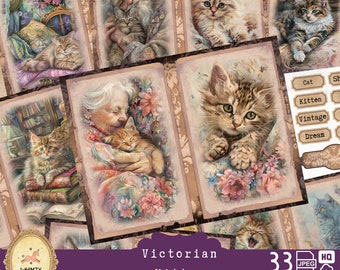 Kit de diário de gatinhos vitorianos | Papéis e enfeites de gatos para imprimir | Kit de artesanato Shabby Chic