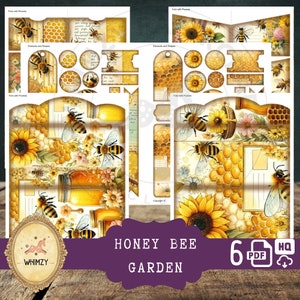 May include: A set of six printable digital papers featuring a honey bee garden theme. The papers include images of bees, honeycombs, sunflowers, and jars of honey. The papers are perfect for scrapbooking, card making, and other paper crafts.