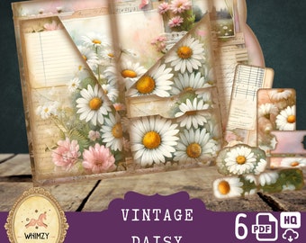 May include: Vintage Daisy digital paper pack with 6 printable pages featuring a floral design with white daisies and pink flowers on a vintage background. The text "Vintage Daisy" is printed on a purple banner.