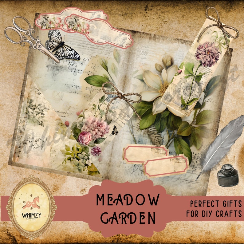 cottagecore floral printables, spring garden junk journal kit, printable meadow folio, meadow junk journal, botanical scrapbooking kit, wildflower printables, floral ephemera kit, DIY junk journal, garden folio printables, cottagecore floral journal, spring meadow scrapbook, printable junk journal, meadow collage sheets, wildflower folio kit, botanical DIY printables, junk journal inserts, digital download, printable papers, PDF files, JPG files, botanical illustrations,
