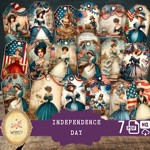 Día de la Independencia Etiqueta Junk Journal Ephemera 4 de julio Fussy Cut Patriotic Junk Journal Vintage Imprimible América Descarga digital
