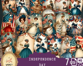 May include: A set of 17 printable digital scrapbook paper tags featuring vintage illustrations of women in patriotic clothing with American flags and fireworks. The tags are perfect for adding a vintage touch to your Independence Day crafts.