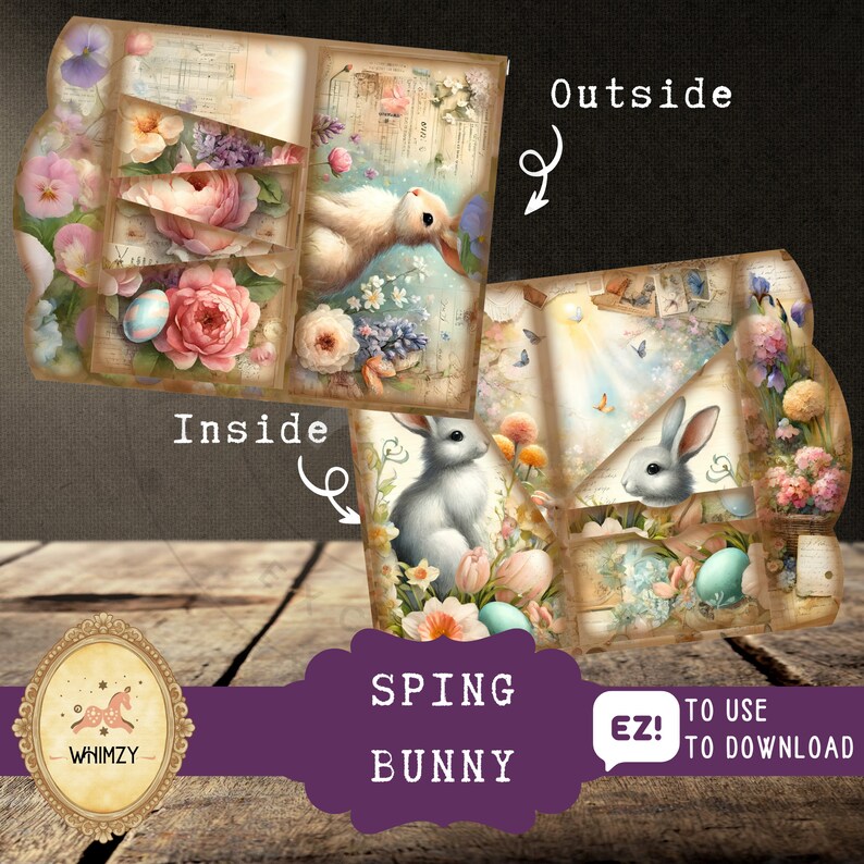 Spring Bunny Trifold Folio Junk Journal Kit, Vintage DIY Mini Folding ...