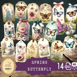 Tag per diario con farfalle vintage Etichetta stampabile botanica Fiori Ephemera Farfalla Immagine Forniture per diario spazzatura Inserti per diario Tag regalo