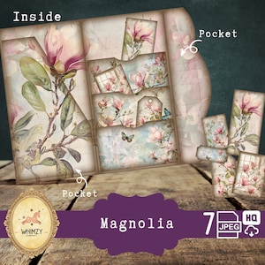 Magnolia Trifold Folio Junkjournal Kit Vintage DIY Mini Folio Junk Journal Kit Digitaler Falt-Folio-Ordner-Kit Tascheneinsatz Ephemera Pack