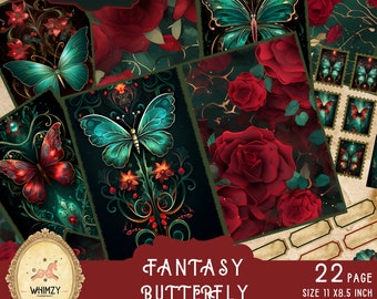 Butterfly Junk Journal Kit | Fantasy Rose Butterfly Scrapbook | Vintage Botanical Ephemera