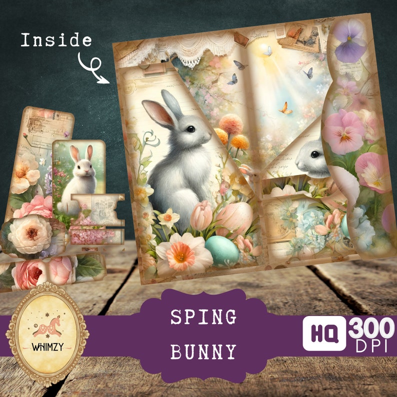 Spring Bunny Trifold Folio Junk Journal Kit, Vintage DIY Mini Folding ...