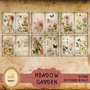 Puede incluir: Un collage de 14 p&aacute;ginas con ilustraciones florales vintage con mariposas. Las p&aacute;ginas est&aacute;n dobladas por la mitad, creando 28 piezas en total. El t&iacute;tulo "MEADOW GARDEN" se muestra en la parte inferior de la imagen.