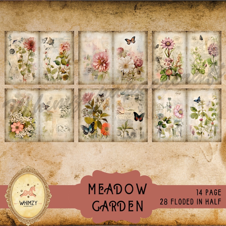 Puede incluir: Un collage de 14 p&aacute;ginas con ilustraciones florales vintage con mariposas. Las p&aacute;ginas est&aacute;n dobladas por la mitad, creando 28 piezas en total. El t&iacute;tulo "MEADOW GARDEN" se muestra en la parte inferior de la imagen.