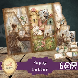 Kit de diário de lixo de fólio triplo Happy Letter, kit de diário de lixo de fólio mini-correspondência vintage, kit de pasta de fólio dobrável digital, kit de inserção de bolso para itens efêmeros