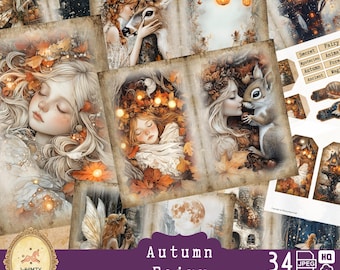 May include: A digital collage of 34 images featuring fairies, woodland creatures, and autumnal scenes. The images are in a vintage style with a warm color palette of browns, oranges, and yellows. The text "Autumn Fairy" is featured in the center of the collage.