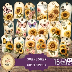 Tournesol papillons étiquettes de journal botanique étiquette imprimable fleurs éphémères papillon indésirable journal fournitures fleur journal encarts étiquette