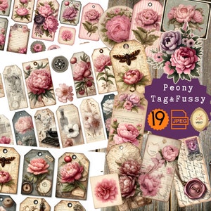Peonías Junk Journal Ephemera, Etiquetas imprimibles de peonía rosa y Fussycut, Flores vintage digitales, Peonías, Peonía de primavera, Peonía vintage imprimible
