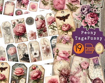 Peonies Junk Journal Ephemera, Pink Peony Printable Tags & Fussycut